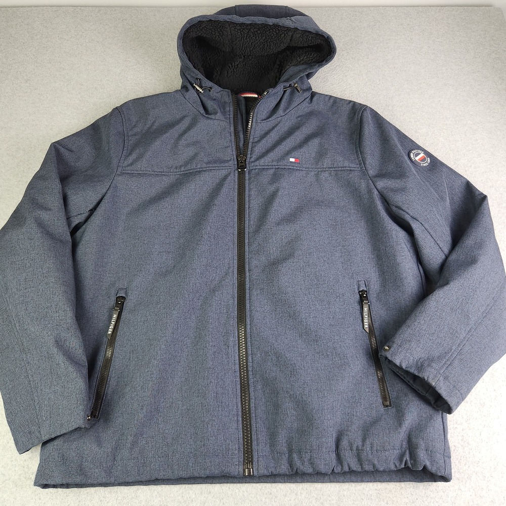 Tommy Hilfiger Jacket Mens XL Blue Gray Sherpa Lined Hooded Water Resistant Logo